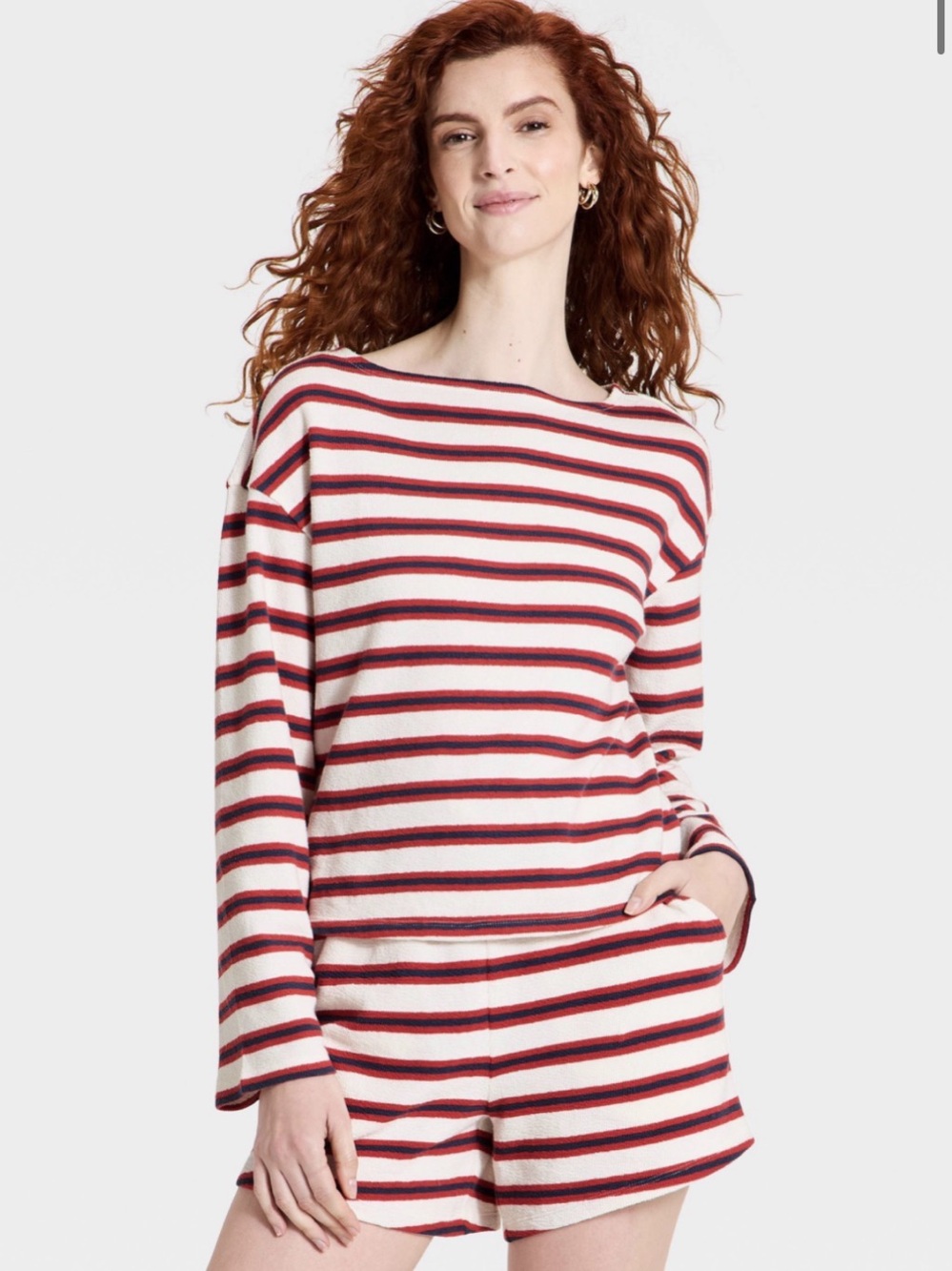Universal Thread Women's Long Sleeve Boat Neck T-Shirt Cream Striped S NWT
